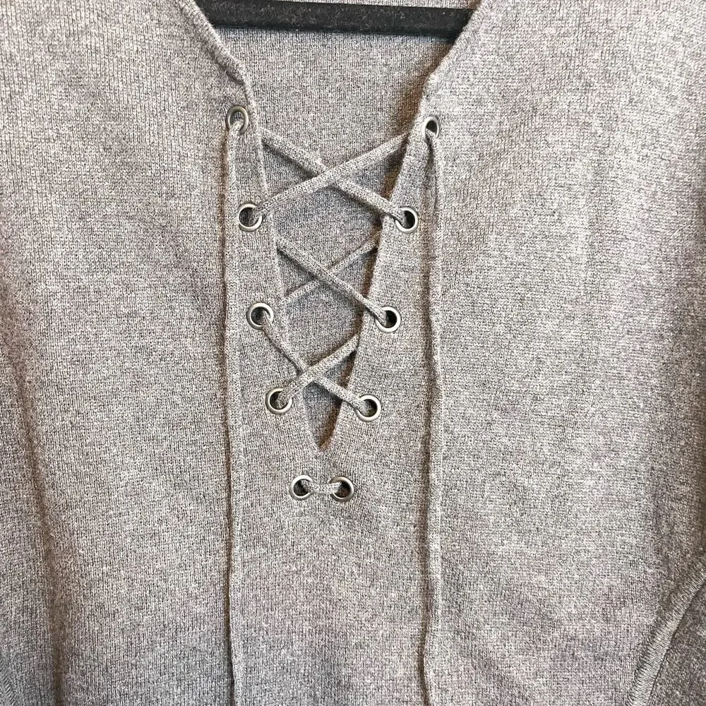 Vince Wool Cashmere Sweater M Gray Dolman Sleeve Lace Up Preppy Cozy Warm Soft